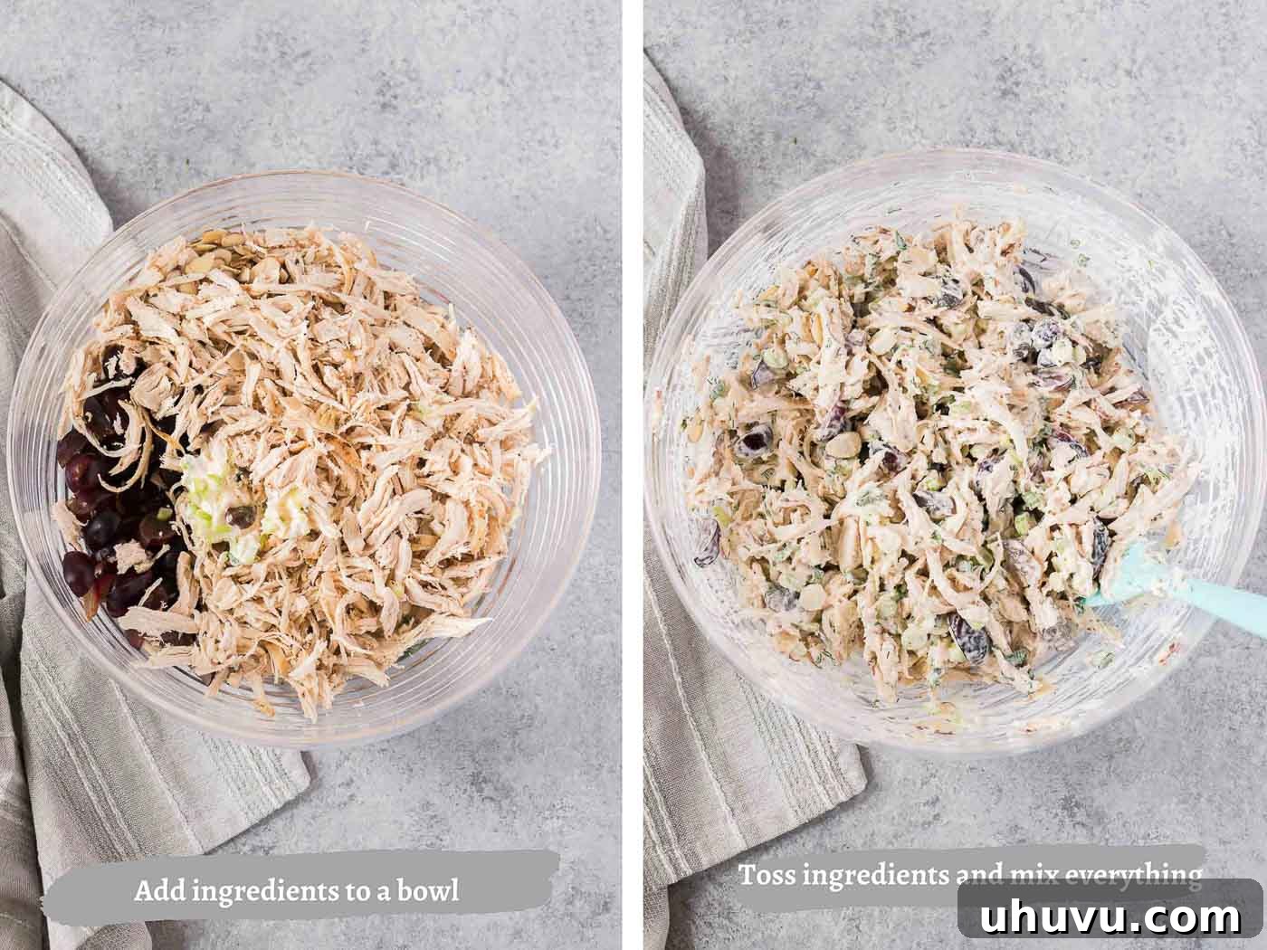 Homestyle Chicken Salad Delight 5 A step-by-step visual guide showing the process of mixing chicken salad ingredients in a bowl.