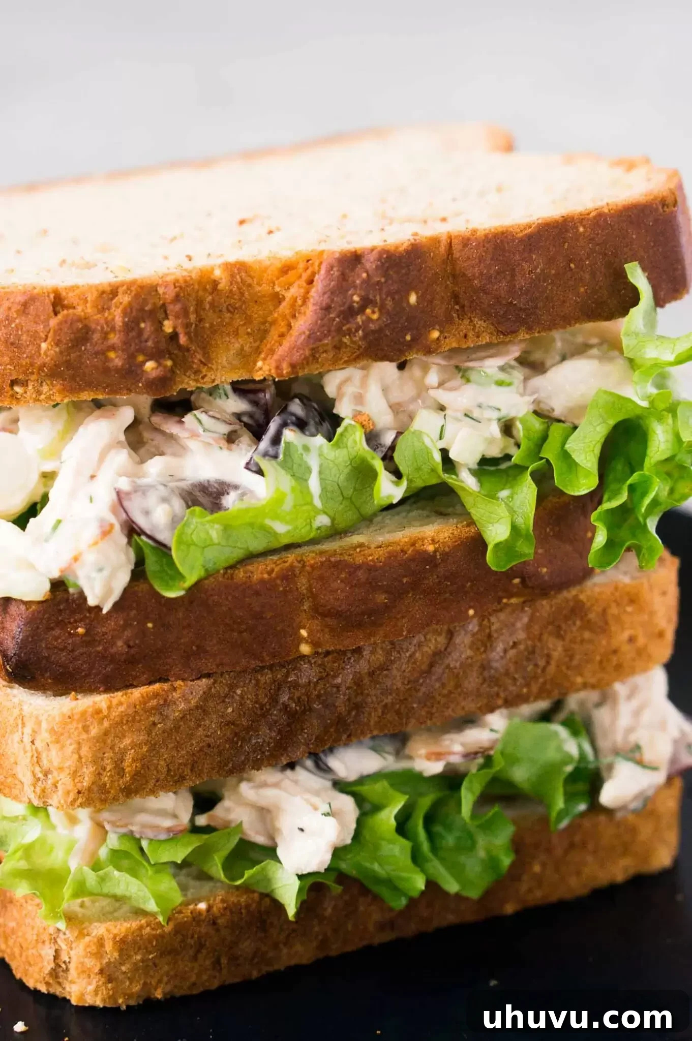 Close-up view of beautifully presented chicken salad sandwiches, highlighting the creamy filling and fresh bread.