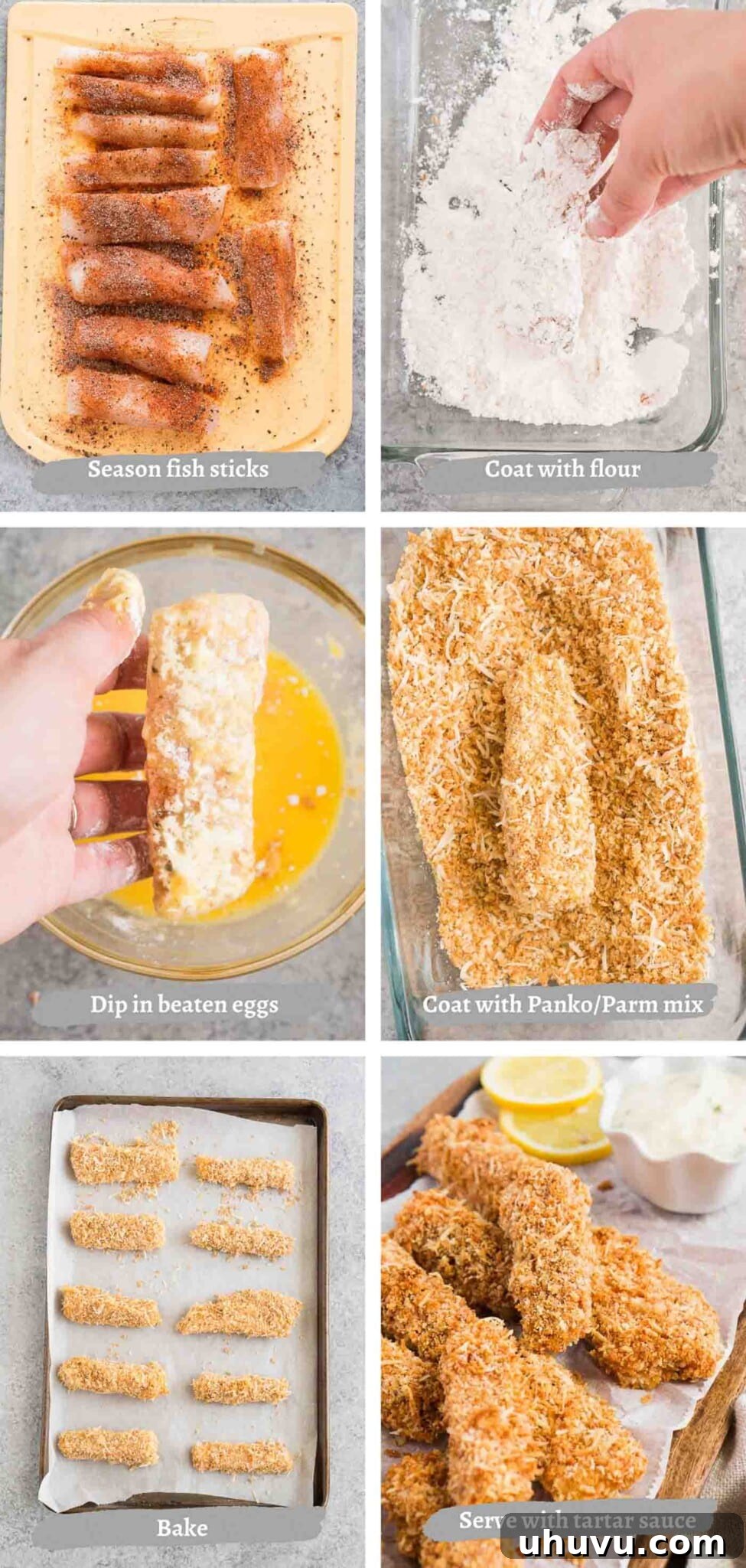 A visual collage showing the step-by-step process of making homemade fish fingers, from seasoning the fish to coating with breadcrumbs and baking.