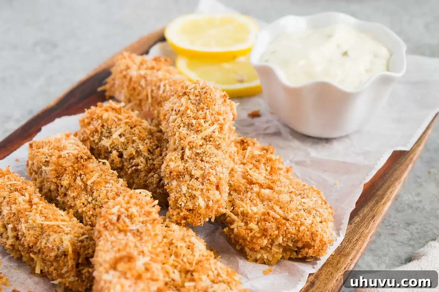 A close-up shot of golden-brown crispy fish fingers arranged on a wooden board, with a small bowl of creamy tartar sauce in the foreground.