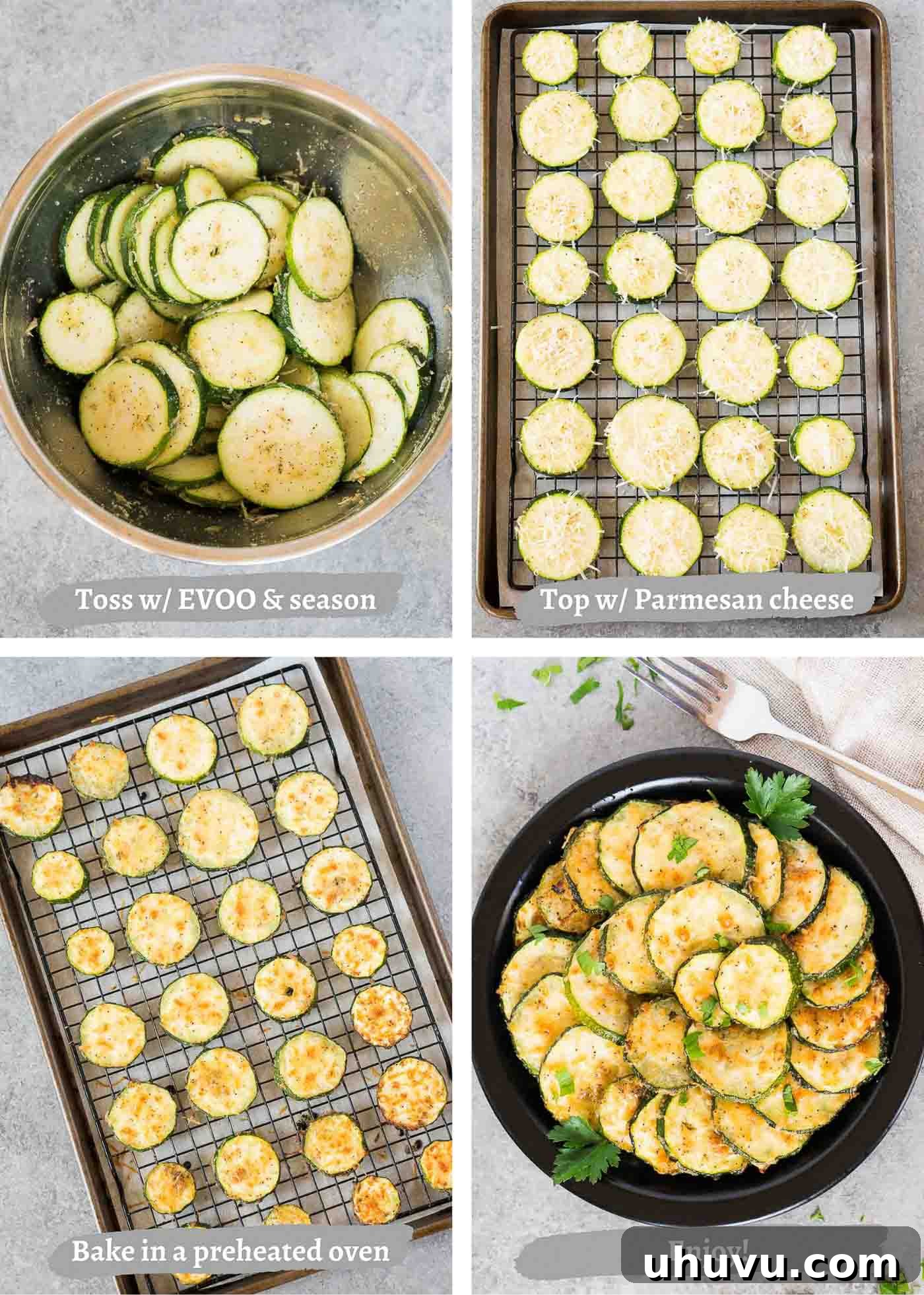 Golden Roasted Zucchini 5 A series of four process images showing how to prepare roasted zucchini slices: zucchini being sliced, tossed with seasoning, arranged on a baking sheet, and finally roasting in the oven until golden.