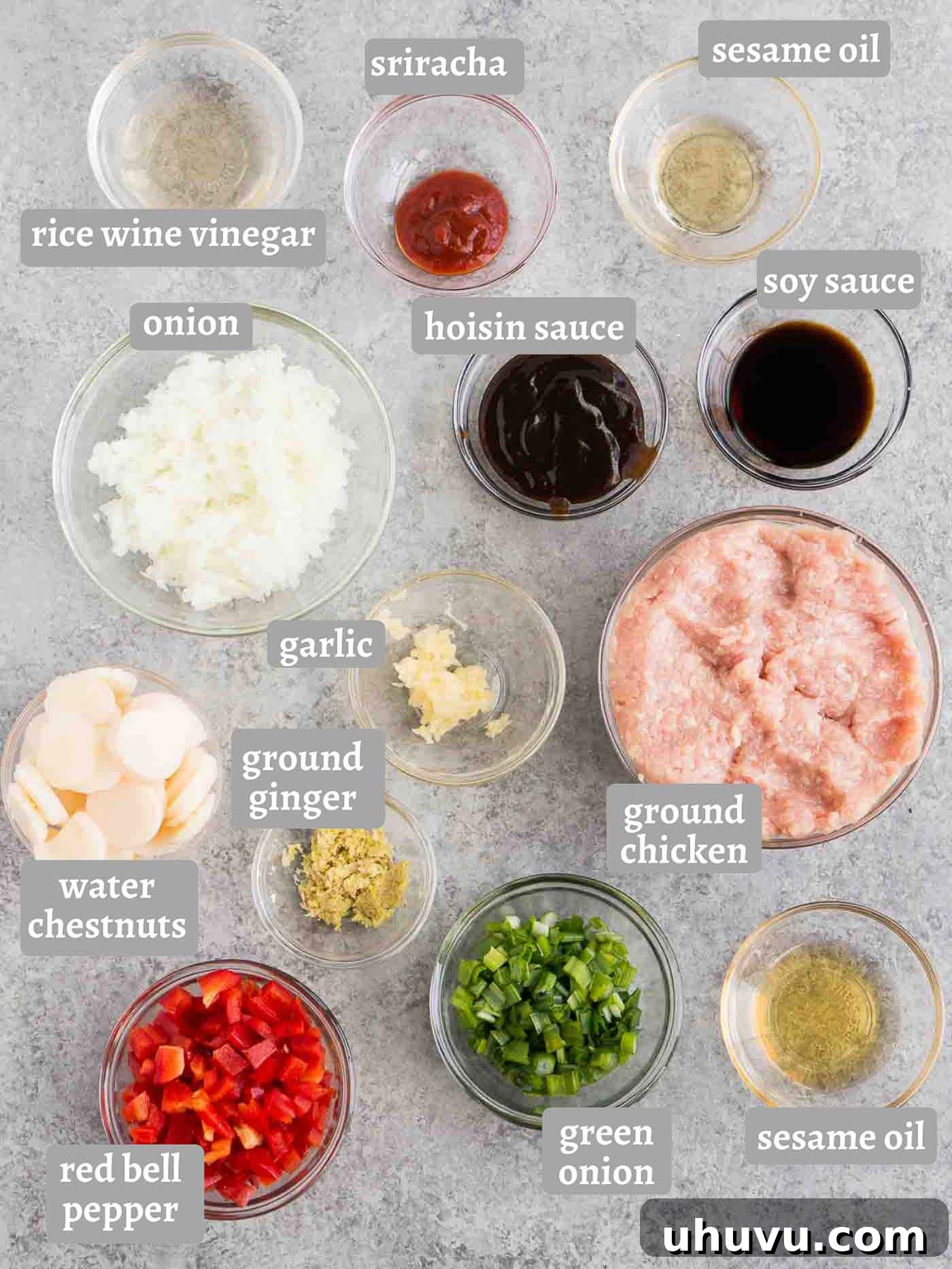 Crispy Chicken Lettuce Cups 4 A vibrant flat lay image showcasing all the fresh ingredients needed for chicken lettuce wraps, including ground chicken, sauce components, and crisp vegetables