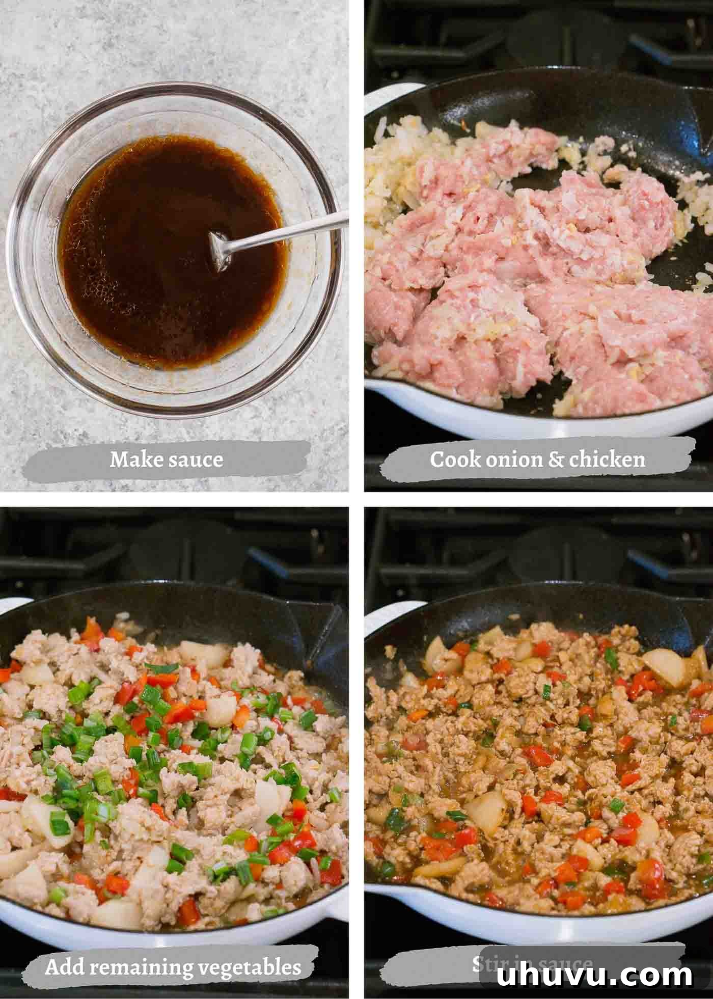 Crispy Chicken Lettuce Cups 5 Process images showing the steps of making Asian chicken lettuce wraps, from cooking the chicken to adding the sauce and vegetables