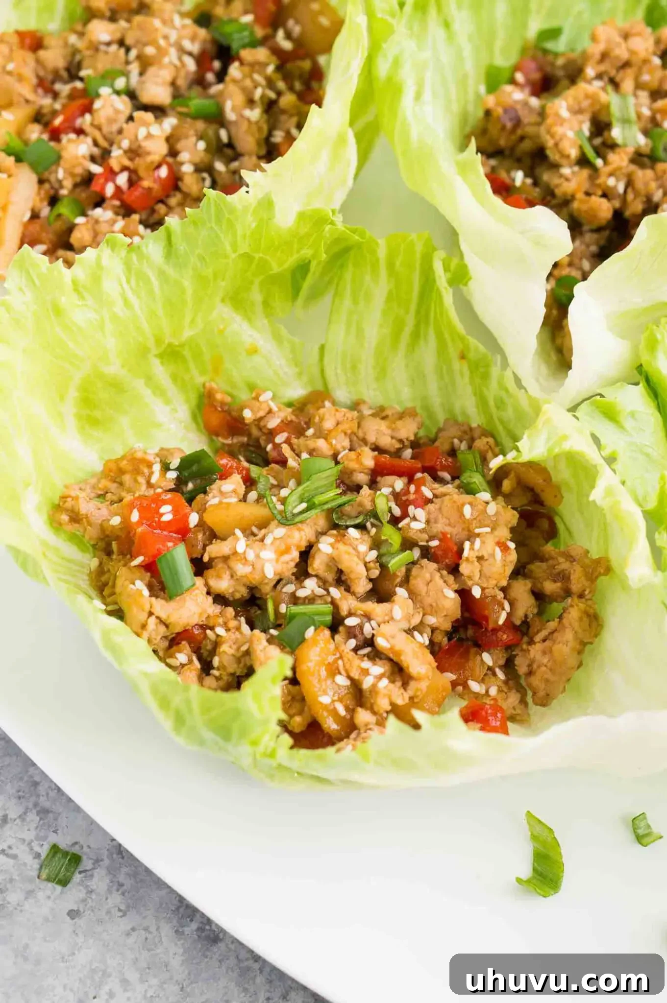 Close up image of perfectly assembled chicken lettuce wraps, ready to be enjoyed