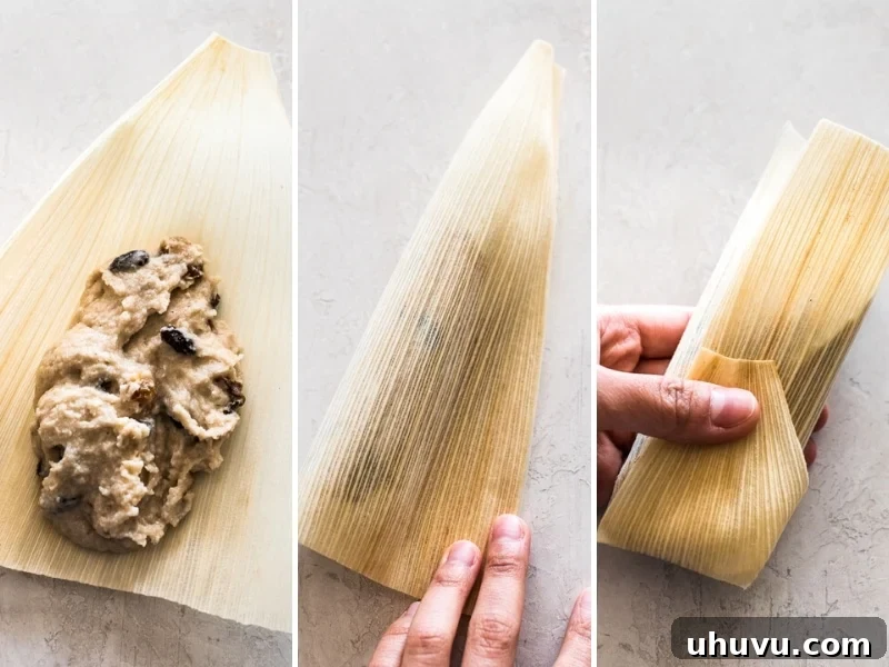 Sweet Corn Delights 4 A collage of photos showing you how to assemble sweet tamales in a corn husk