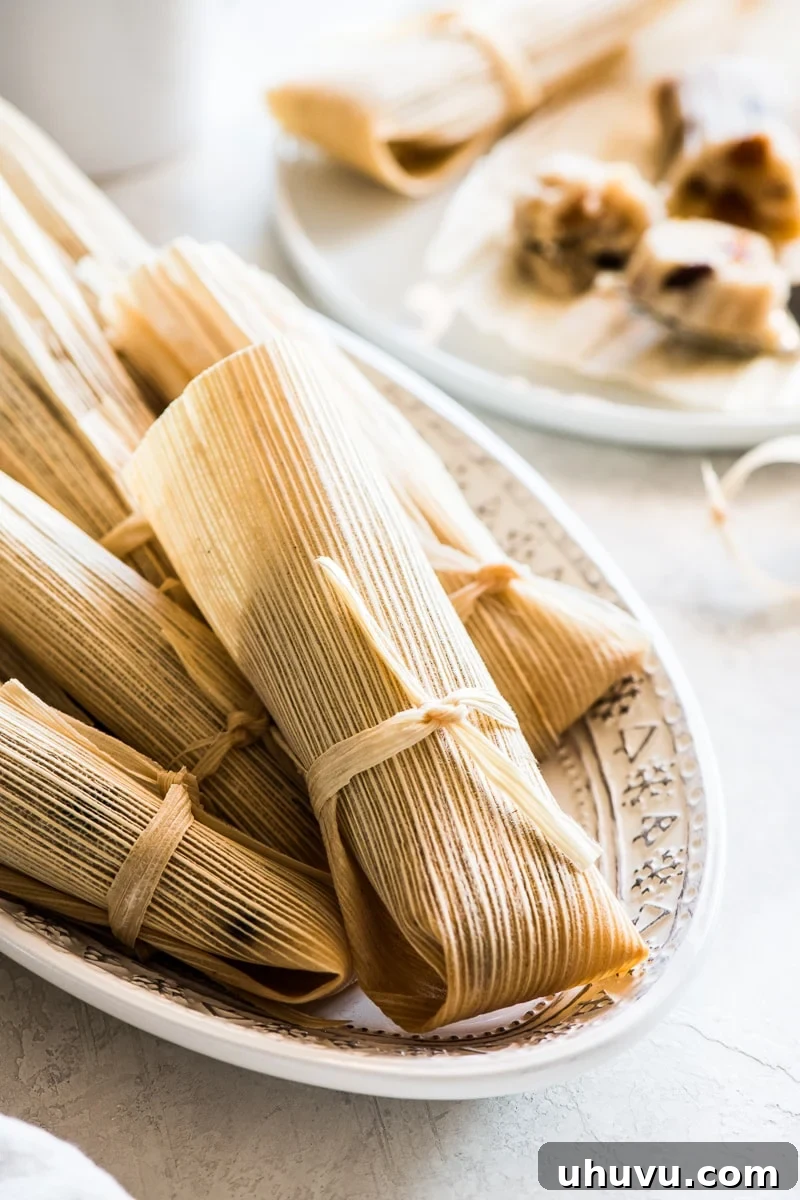 Sweet Corn Delights 5 Sweet tamales in their corn husk ready to eat on a platter