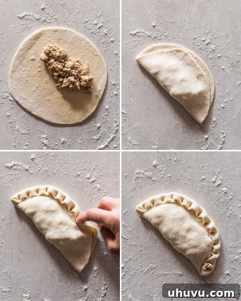 Easy Homemade Empanadas 5 Step-by-step guide to properly filling and folding empanadas, showing the crimped edges