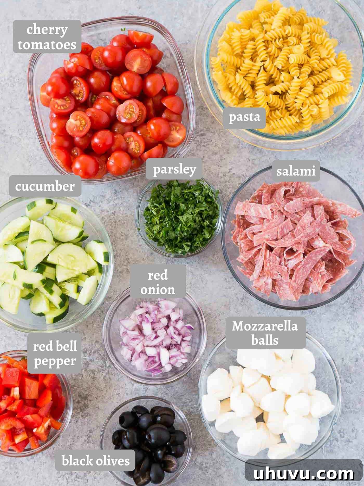 Vibrant Italian Pasta Salad 5 A flat lay photograph showcasing the individual fresh ingredients for Italian pasta salad: rotini pasta, red bell pepper, grape tomatoes, cucumber, black olives, mozzarella, red onion, salami, and fresh parsley.
