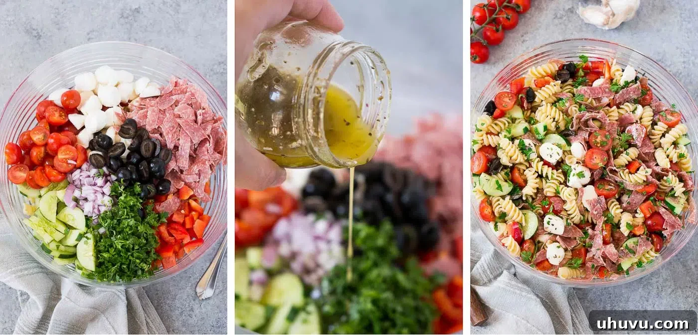 Three process shots showing the steps of making Italian pasta salad: cooked pasta, adding ingredients, and finally tossing with dressing.