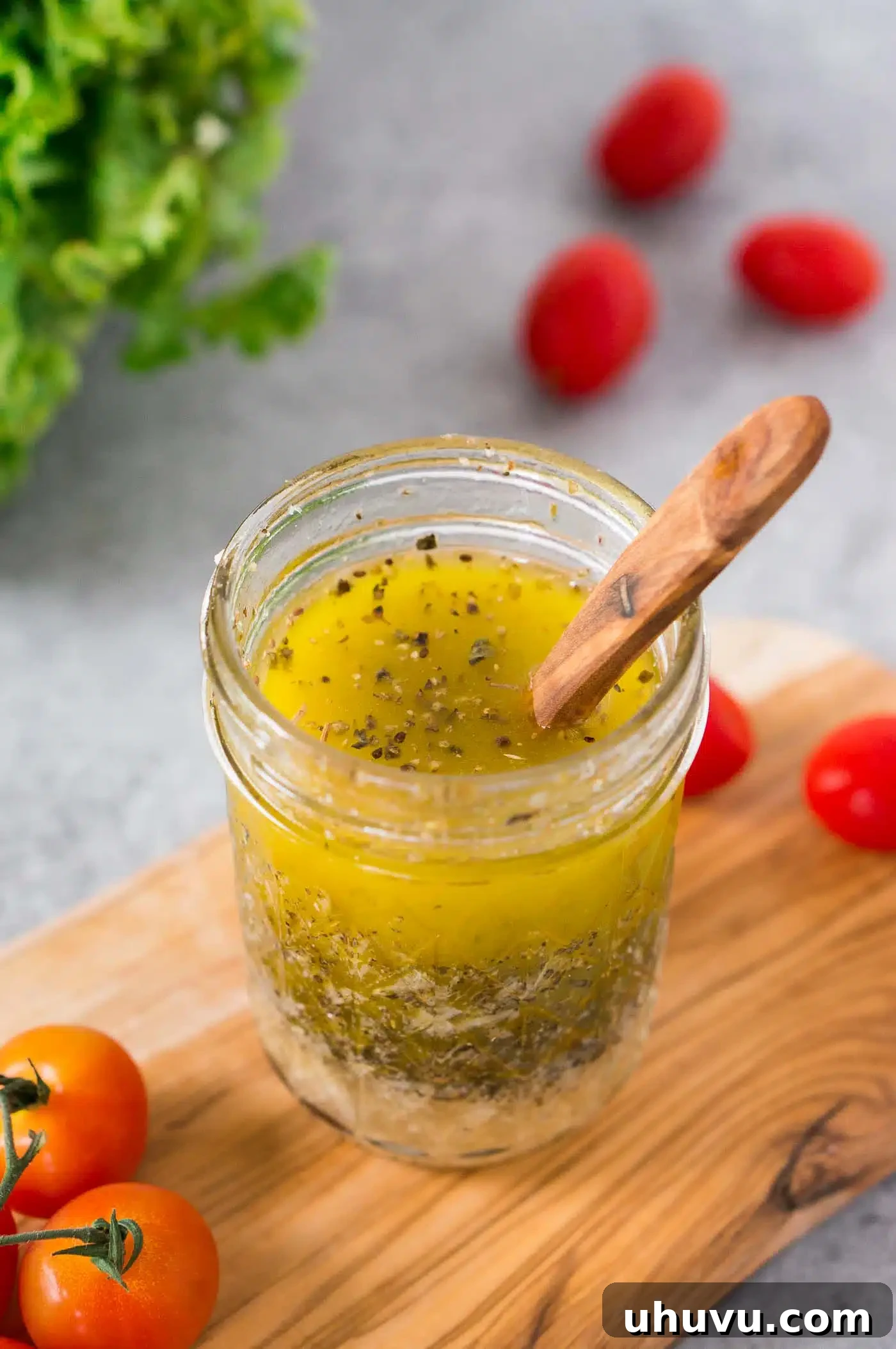 Bright Italian Herb Vinaigrette 6 homemade dressing Italian style in a jar with herbs and olive oil