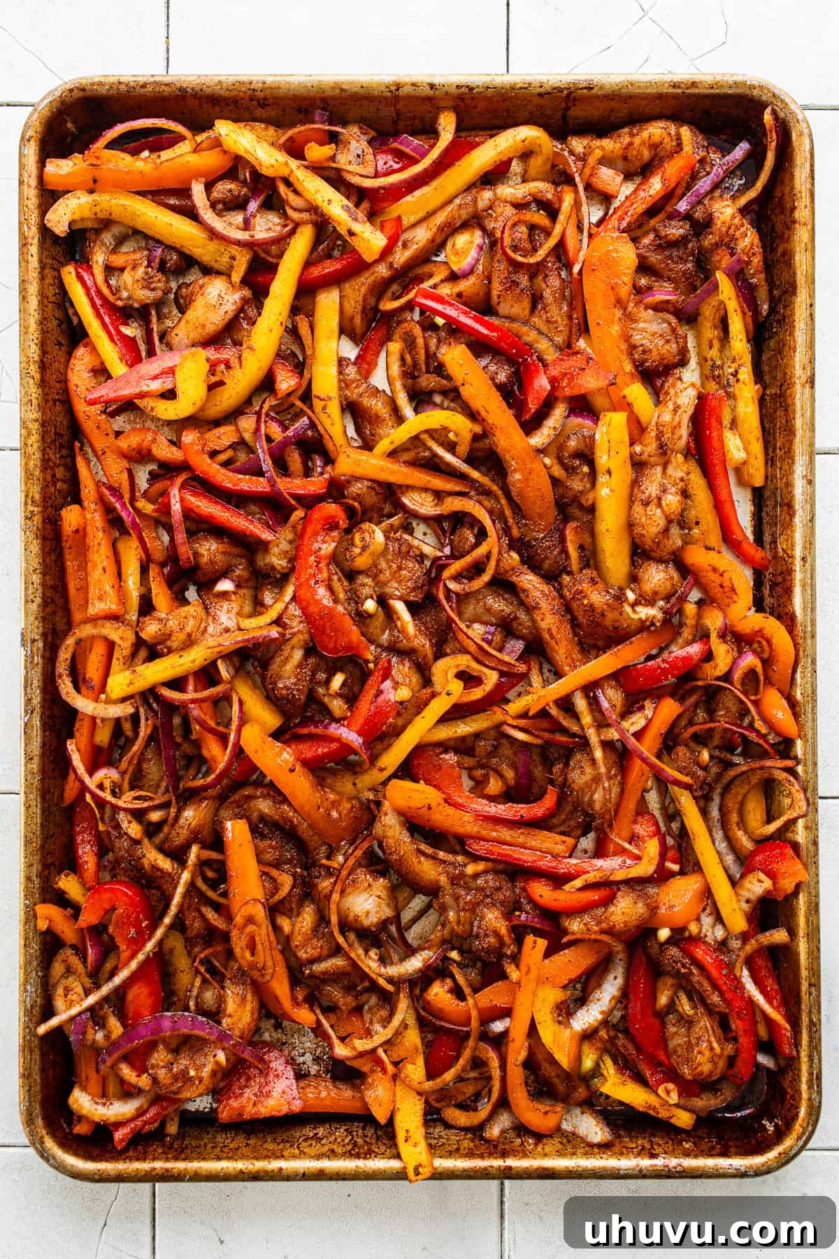 Sizzling Sheet Pan Chicken Fajitas 5 Sheet pan chicken fajitas before being baked.