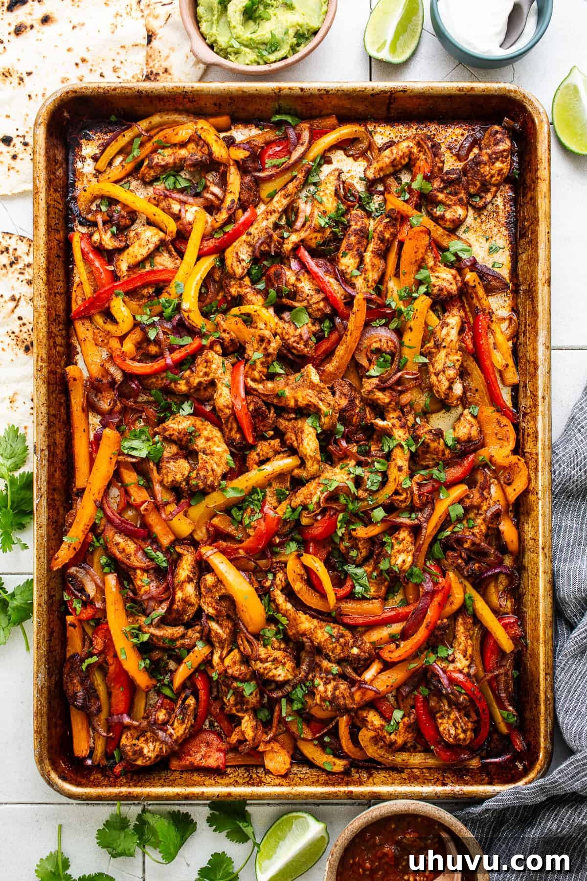 Sizzling Sheet Pan Chicken Fajitas 6 Quick and easy sheet pan chicken fajitas ready to eat.