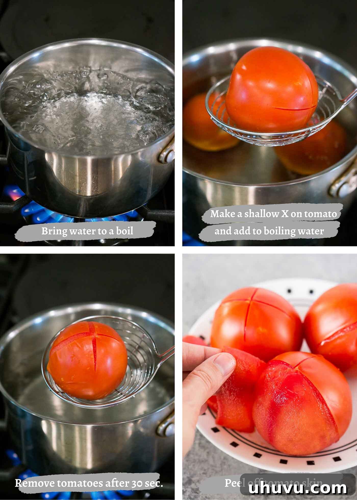 Flawless Tomato Peeling Made Simple 4 Step-by-step process images of blanching and peeling tomatoes
