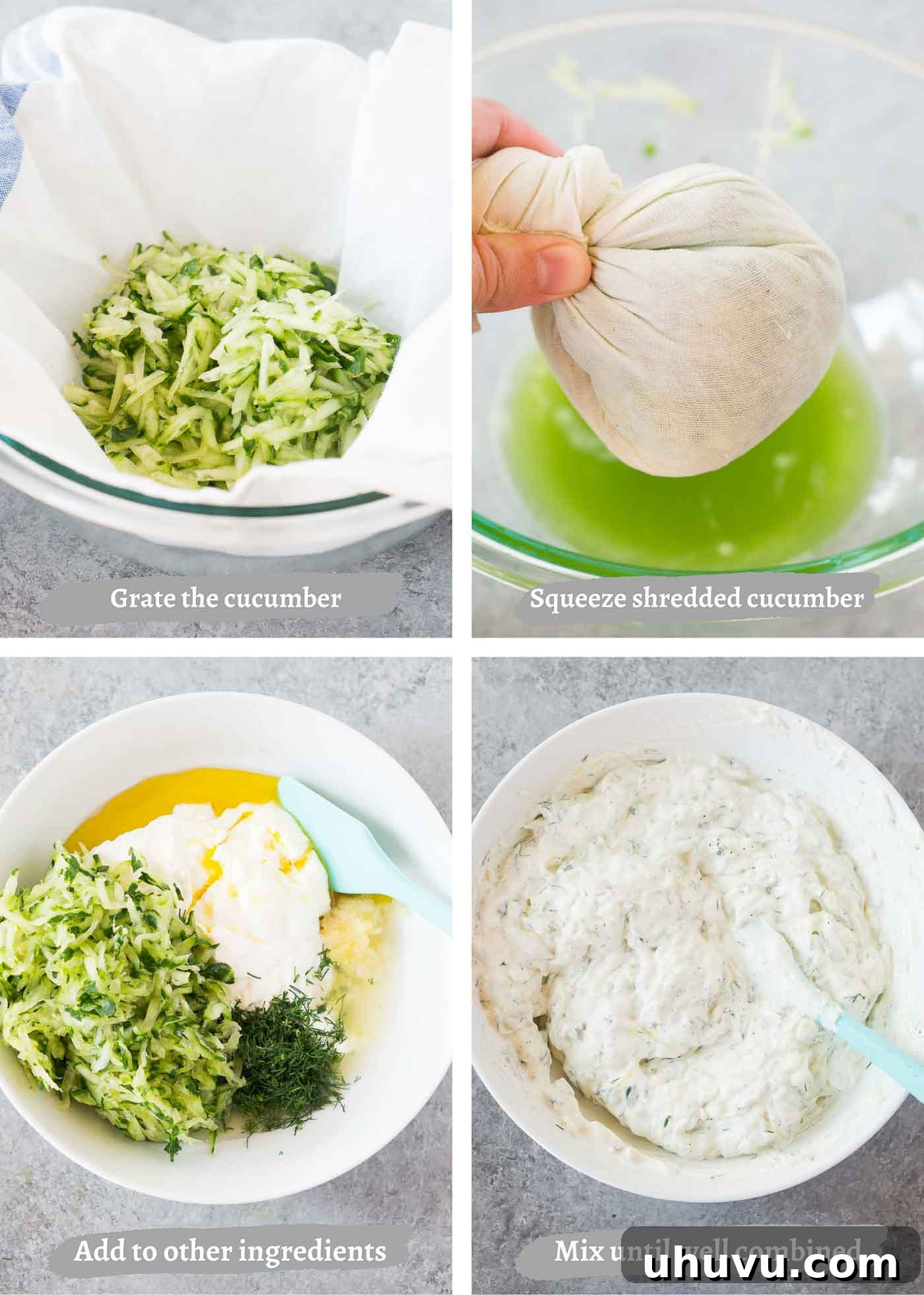 Zesty Greek Cucumber Sauce 5 Sequential process images illustrating the steps of making homemade yogurt cucumber dip: grating cucumber, mixing ingredients, and the final creamy sauce.