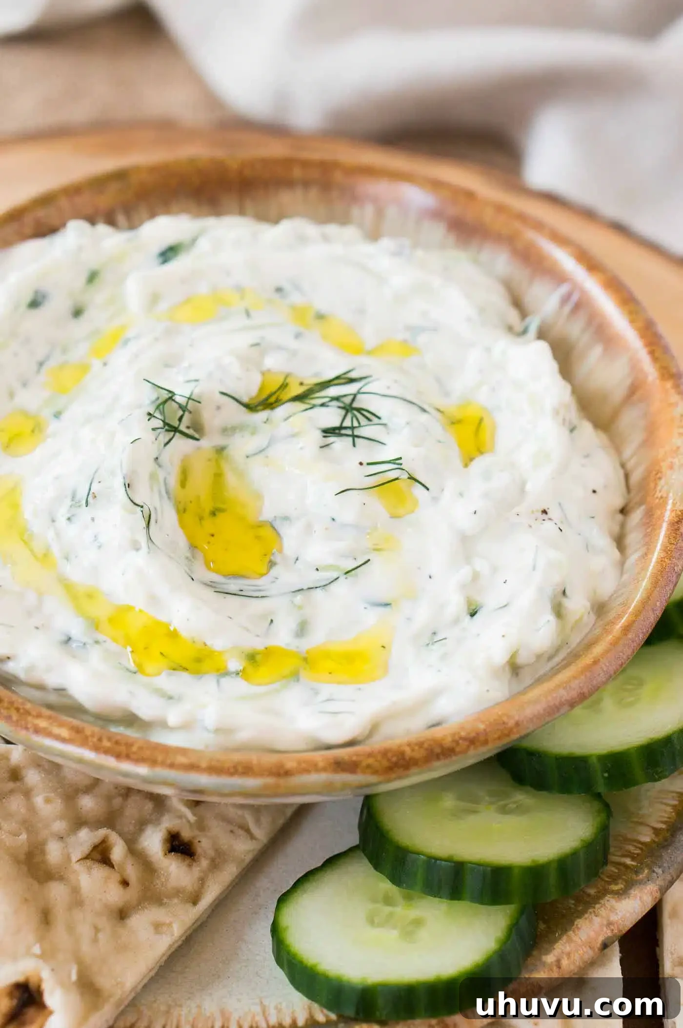 Zesty Greek Cucumber Sauce 8 A beautifully presented bowl of creamy Tzatziki recipe, garnished with fresh dill and a slice of lemon.