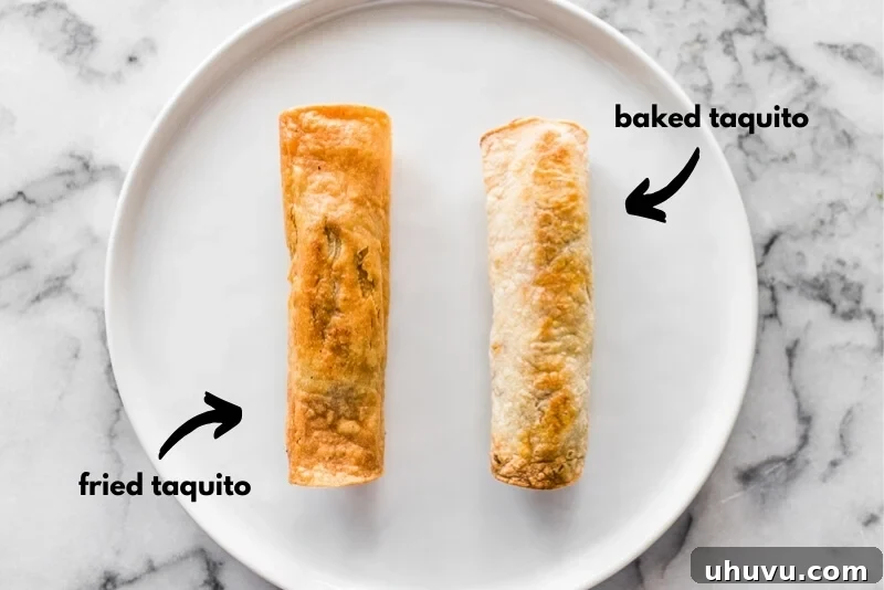 A comparison photo showing a beautifully fried taquito next to a perfectly baked taquito on a plate, highlighting the different textures achieved by each cooking method.