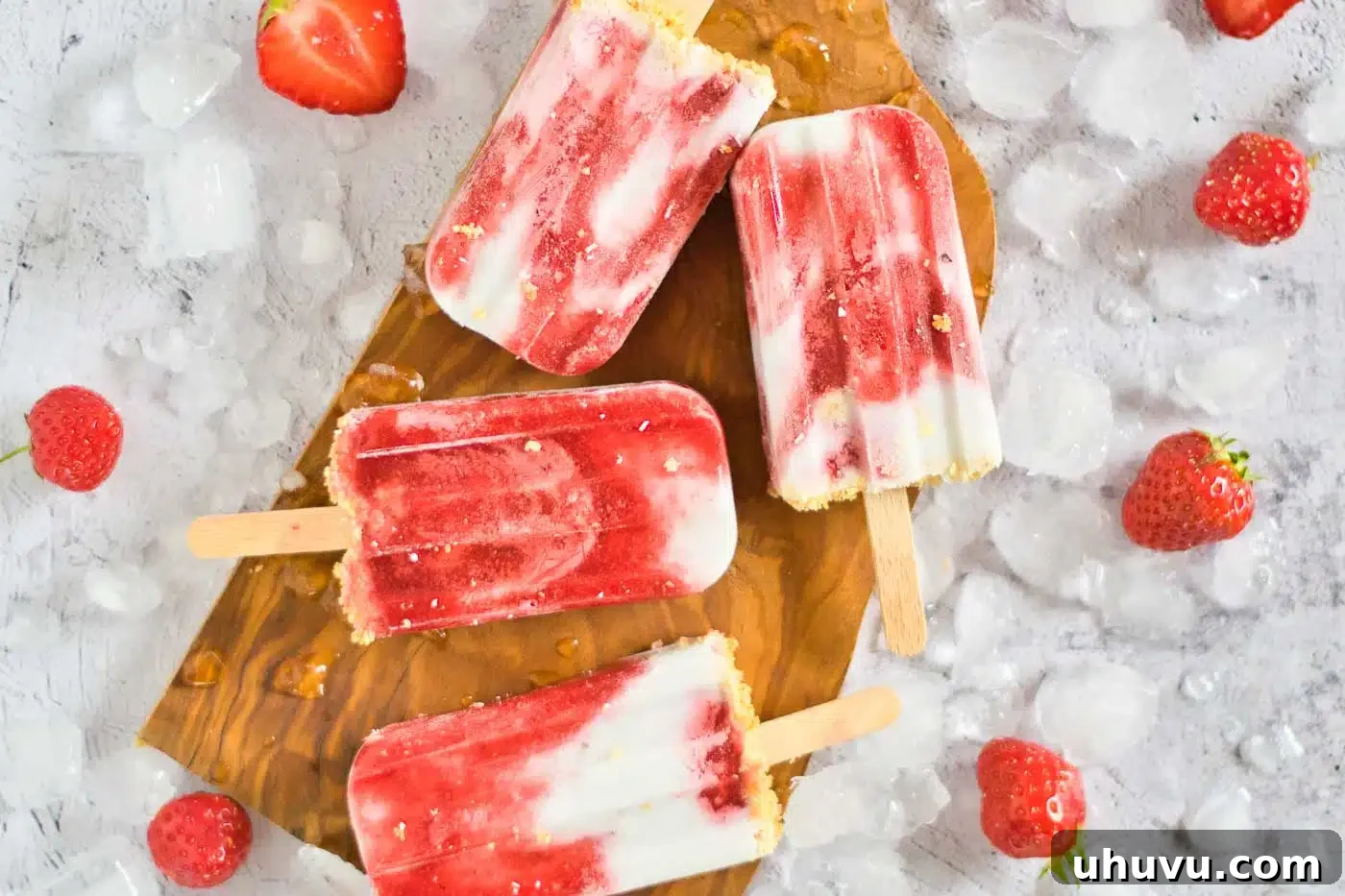 Frozen Strawberry Sunshine 3 close up image of popsicles with strawberries