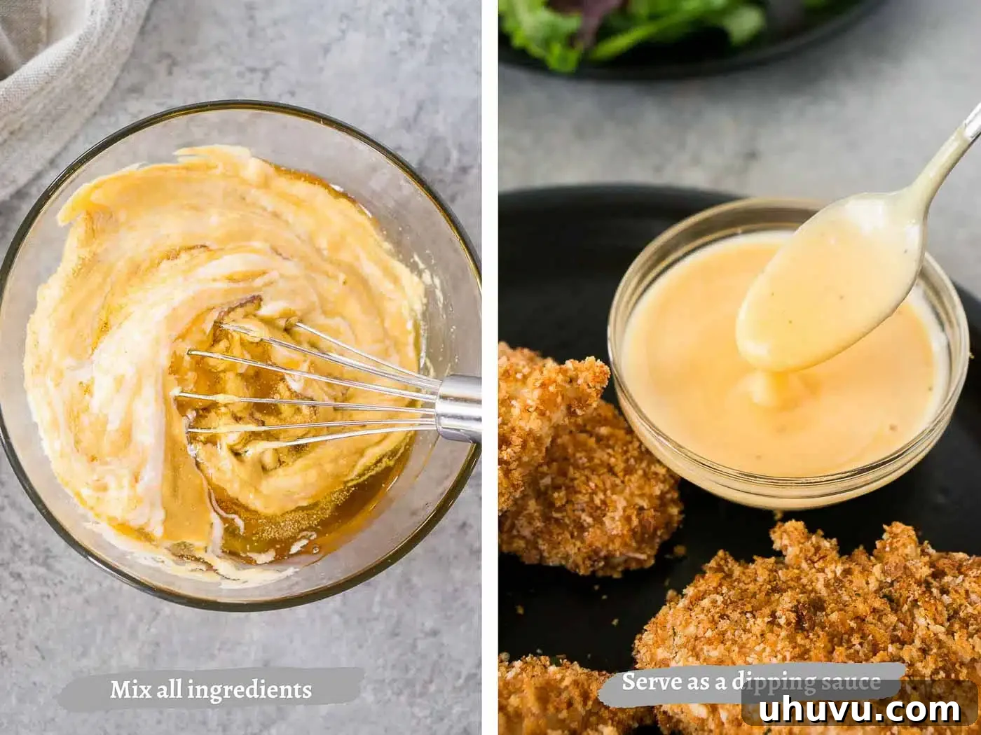 making honey Dijon mustard sauce by mixing ingredients in a bowl