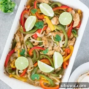 easy baked chicken fajitas in a casserole dish