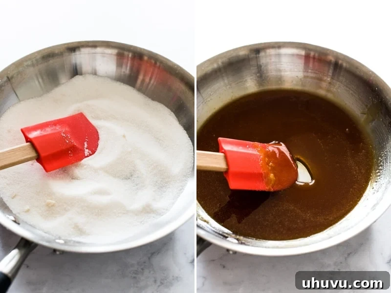 Simple Silky Flan Perfection 4 Golden caramel bubbling in a skillet, demonstrating the first step in making flan.