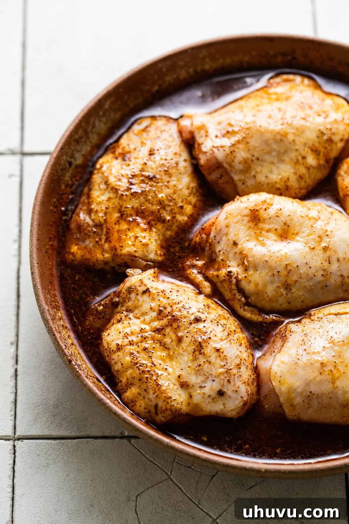 Raw chicken soaked in seasonings to be marinated