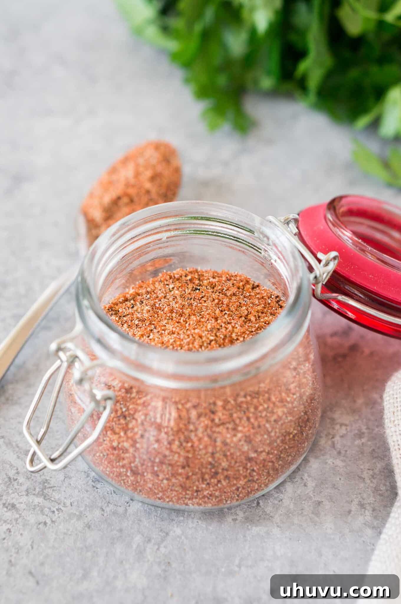 Signature Spice Blend 5 dry rub for chicken in a glass jar