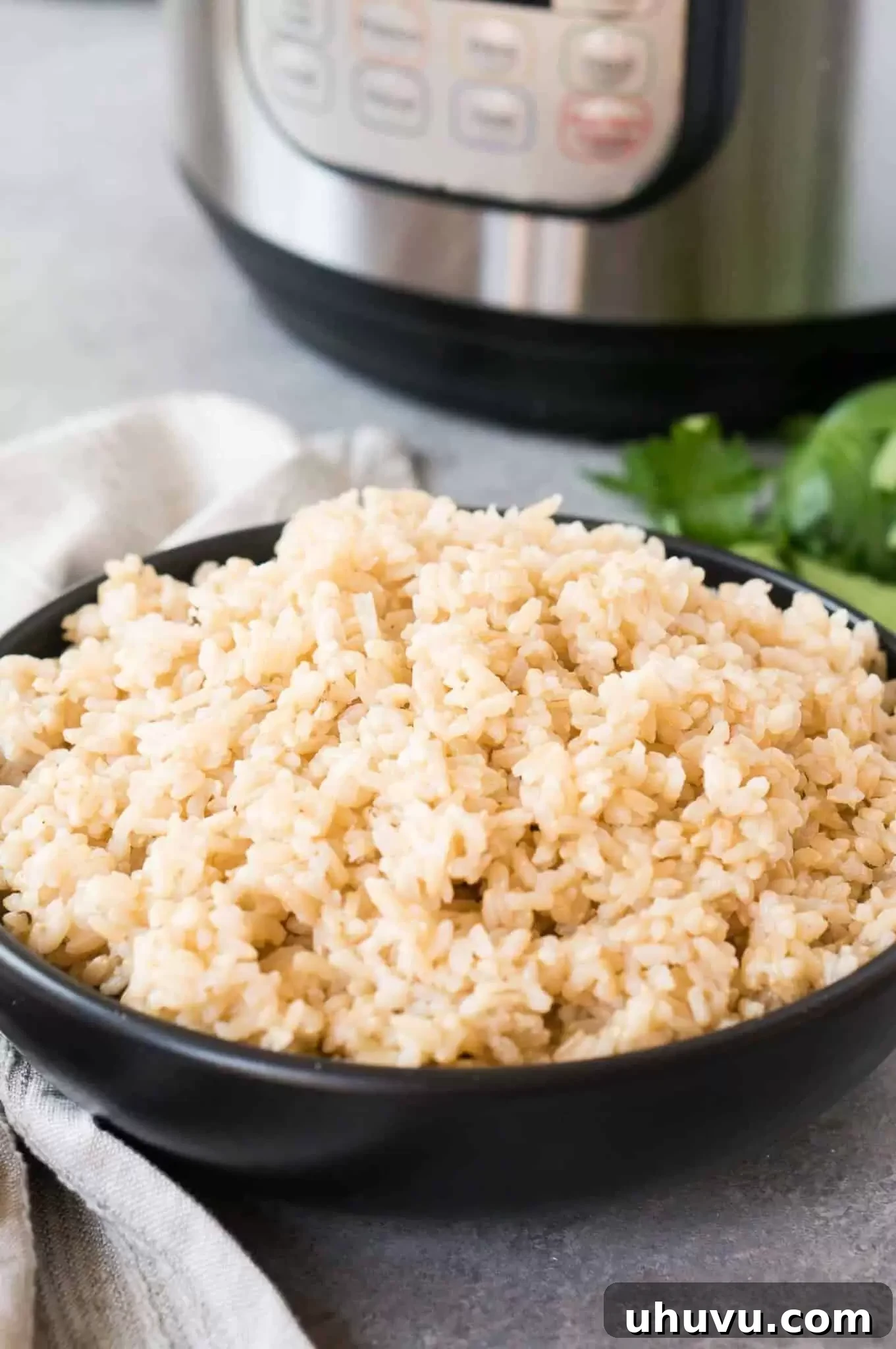 Fluffy brown rice cooked to perfection in an Instant Pot, served in a black bowl.