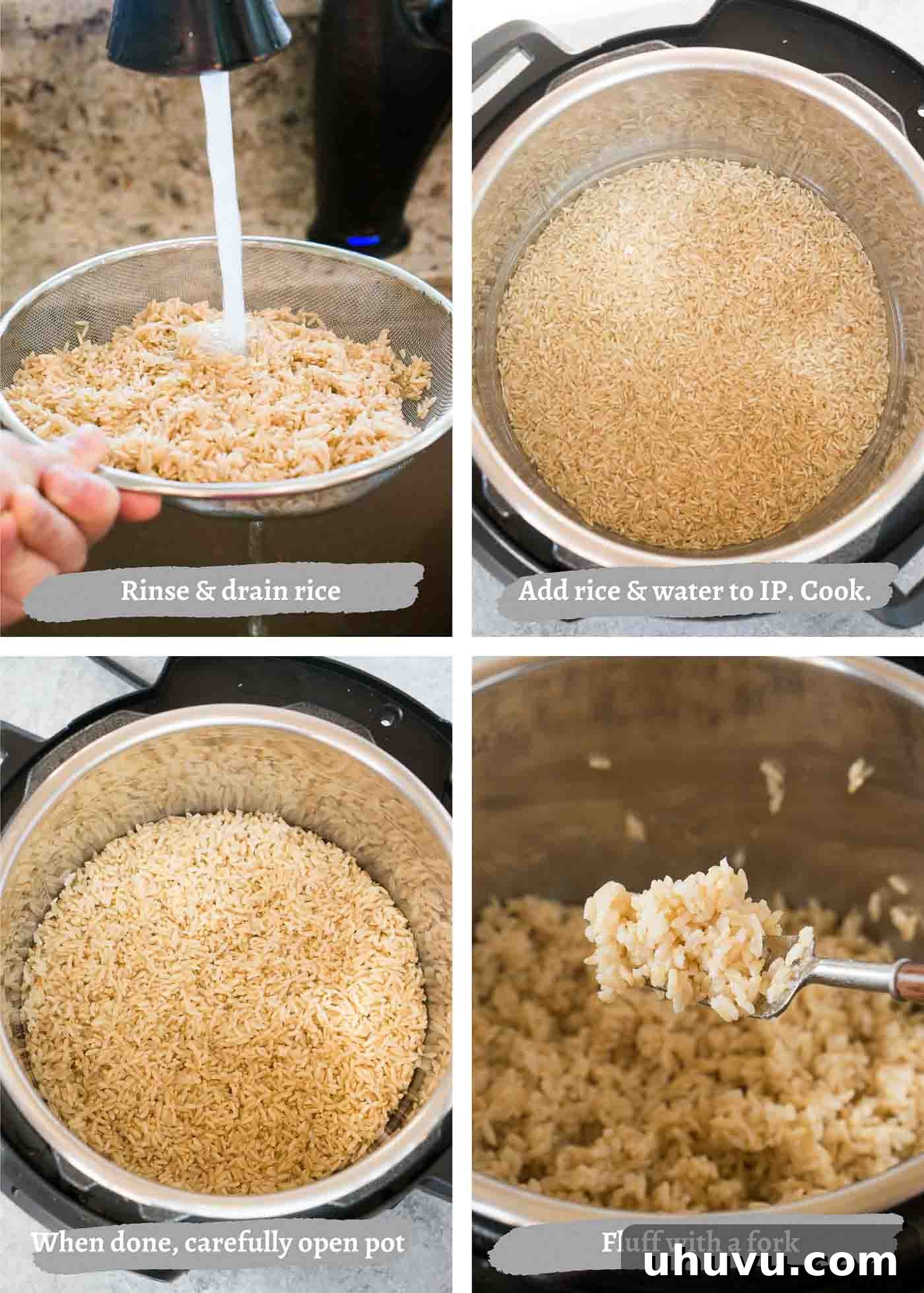 Perfect Fluffy Instant Pot Brown Rice 5 Step-by-step process of cooking brown rice in an Instant Pot, from rinsing to fluffing.