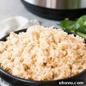 instant pot brown rice in a black bowl