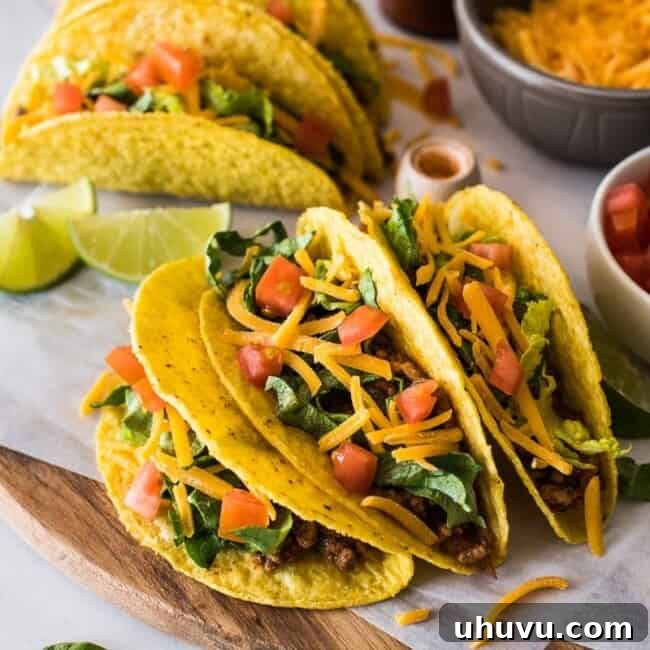 Golden Crispy Tacos 6 Hard shell tacos filled with ground beef and cheese.