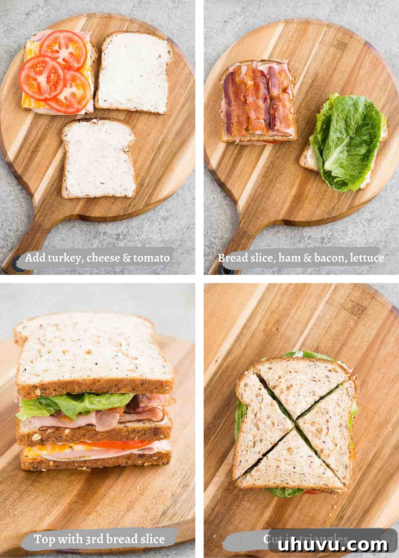 A step-by-step photographic guide showing the process of layering ingredients to create a perfect clubhouse sandwich on a wooden cutting board.