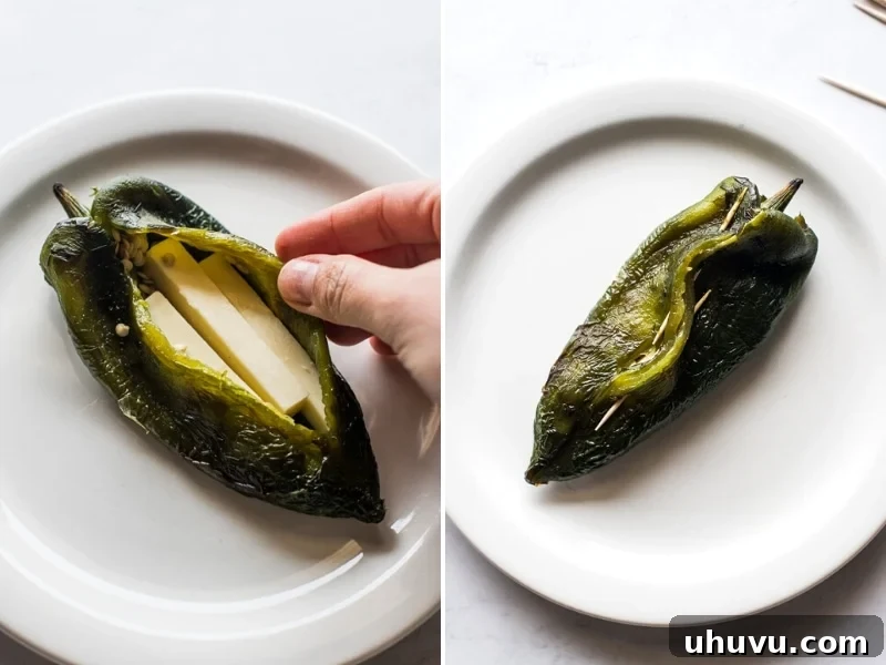 Authentic Chile Relleno from Scratch 4 A perfectly roasted poblano pepper, carefully slit and filled with strips of cheese, ready for the next stage of preparation.