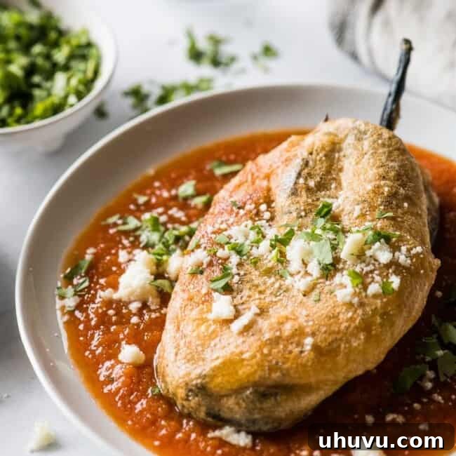 Chile relleno on a plate with red salsa.