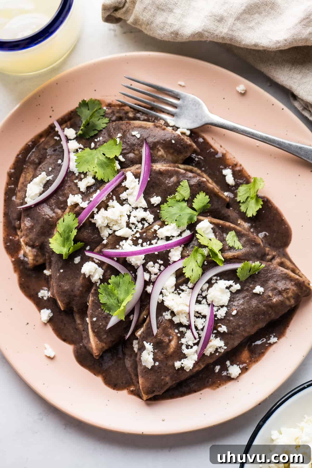 25 Quick Bean Dinners 11 Enfrijoladas generously covered in a rich, blended black bean sauce and beautifully garnished with crumbly queso fresco, fresh cilantro, and thinly sliced red onions.