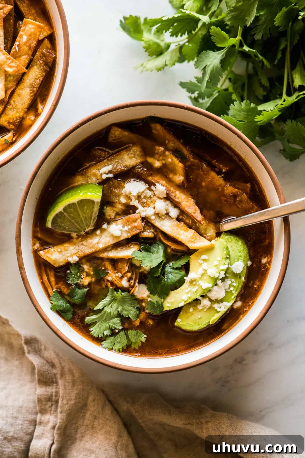 25 Quick Bean Dinners 25 Chicken Tortilla Soup in a bowl, generously topped with crispy tortilla strips, fresh cilantro, creamy avocado slices, and crumbly queso fresco.