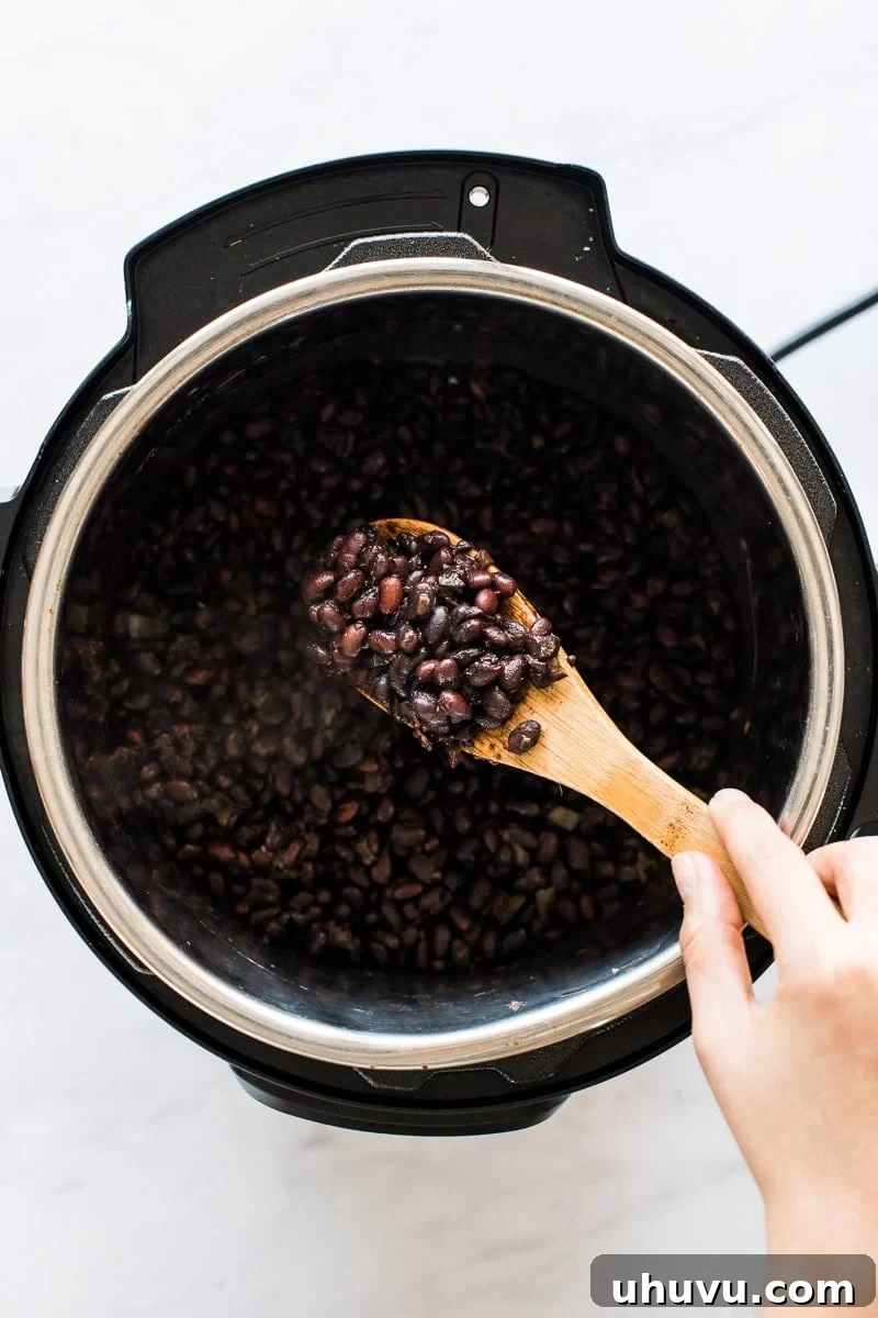 25 Quick Bean Dinners 27 Perfectly cooked black beans in an Instant Pot, showcasing their rich color and texture.