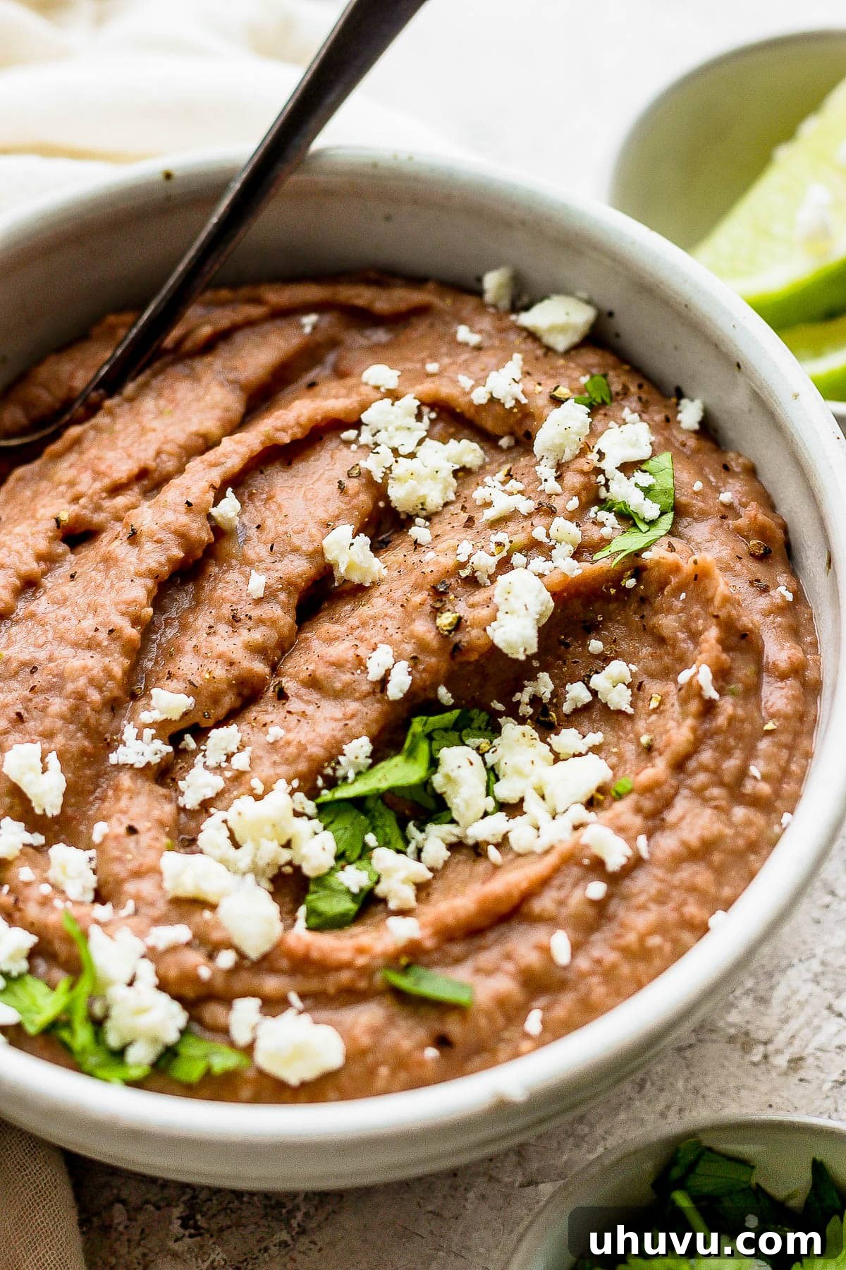25 Quick Bean Dinners 7 Authentic Refried Beans in a bowl, garnished with a sprinkle of cotija cheese and fresh cilantro.