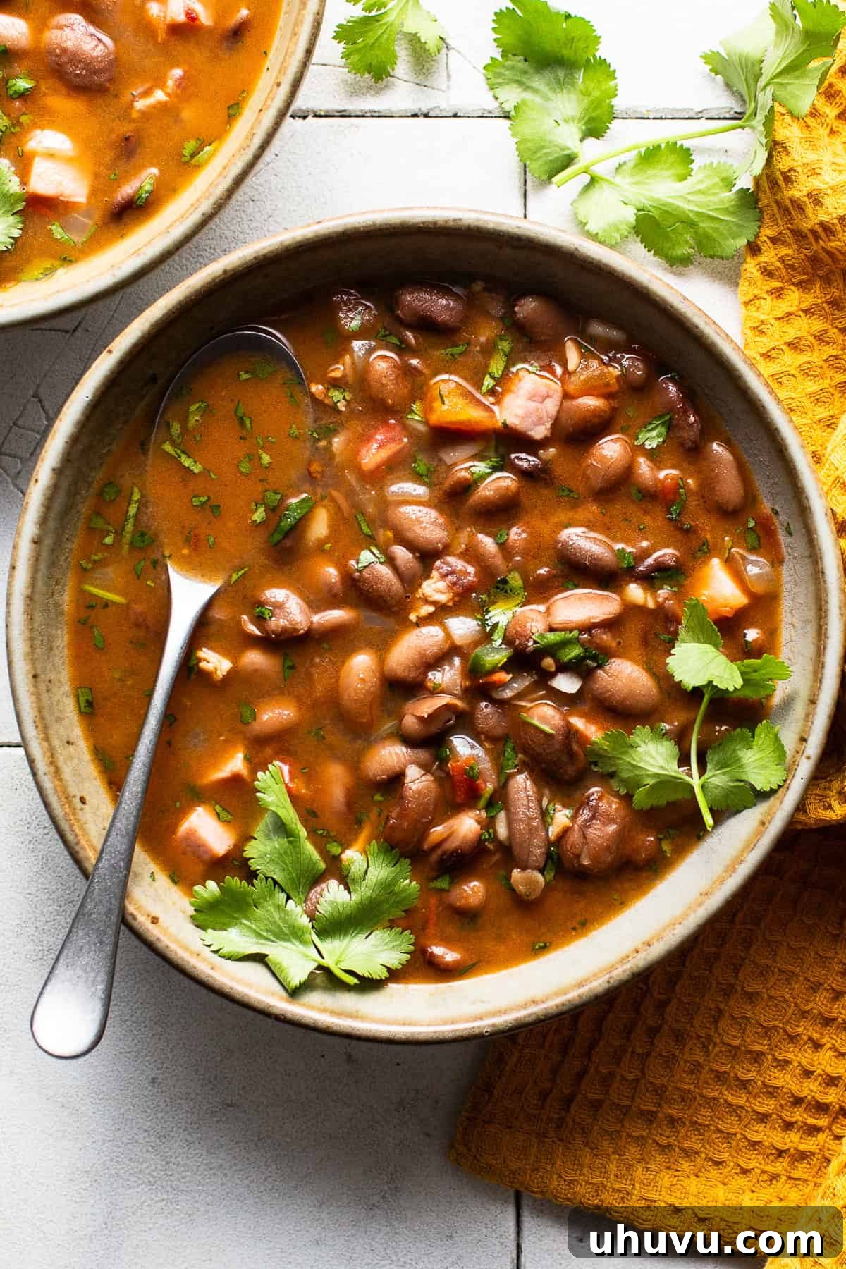 25 Quick Bean Dinners 8 A bowl of rustic Charro Beans, generously topped with fresh cilantro, ready to be enjoyed.