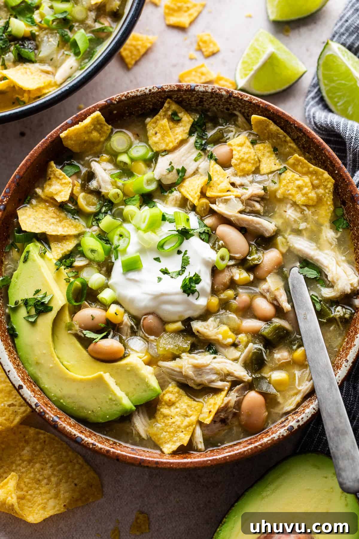 25 Quick Bean Dinners 9 Comforting Green Chicken Chili in a bowl, garnished with a dollop of sour cream, crispy tortilla chips, creamy avocado, fresh cilantro, and vibrant green onions.