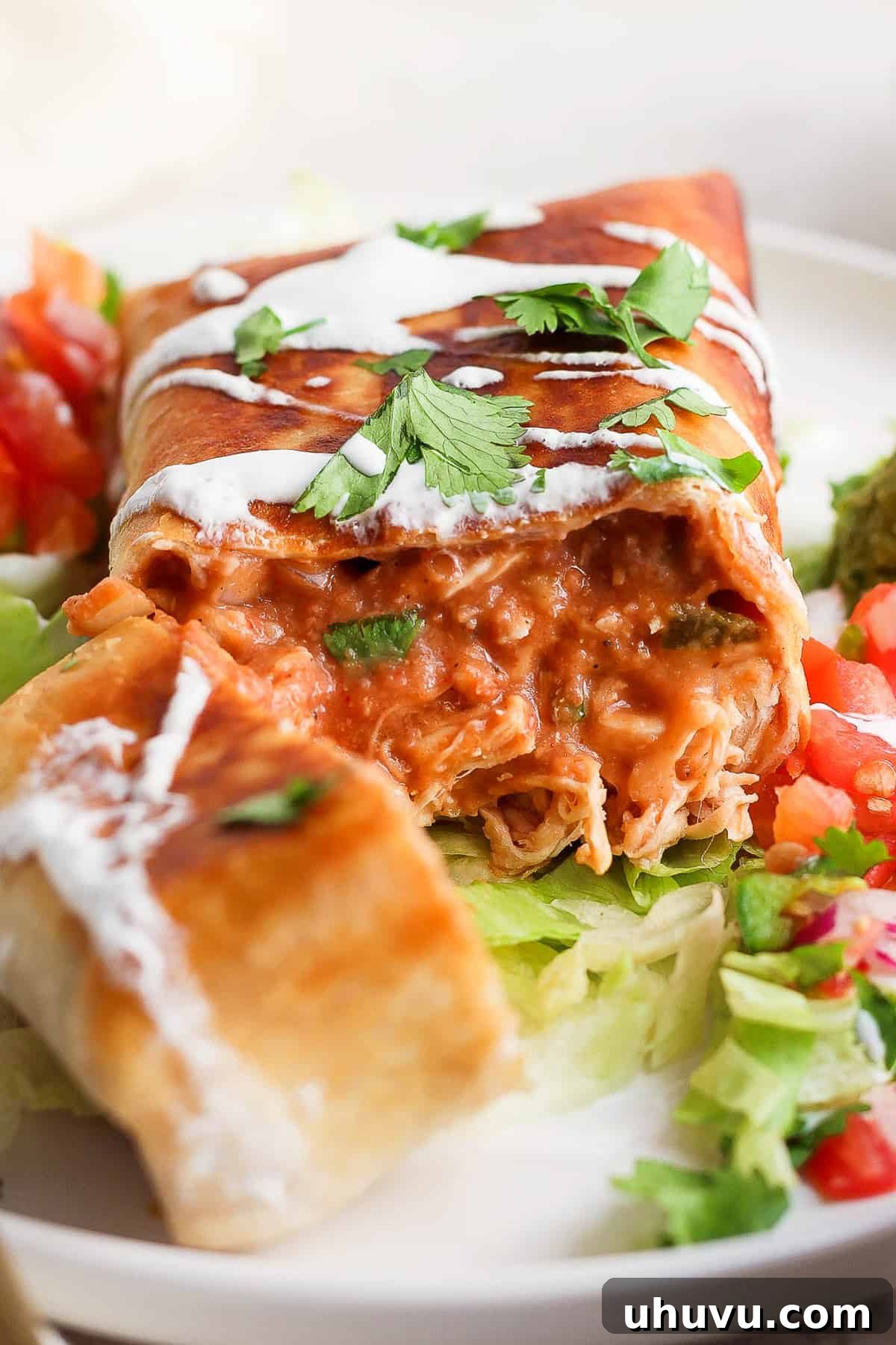 25 Quick Bean Dinners 10 A perfectly golden-brown chimichanga, sliced in half to reveal its luscious filling of shredded chicken, creamy refried beans, flavorful salsa, and melted cheese.