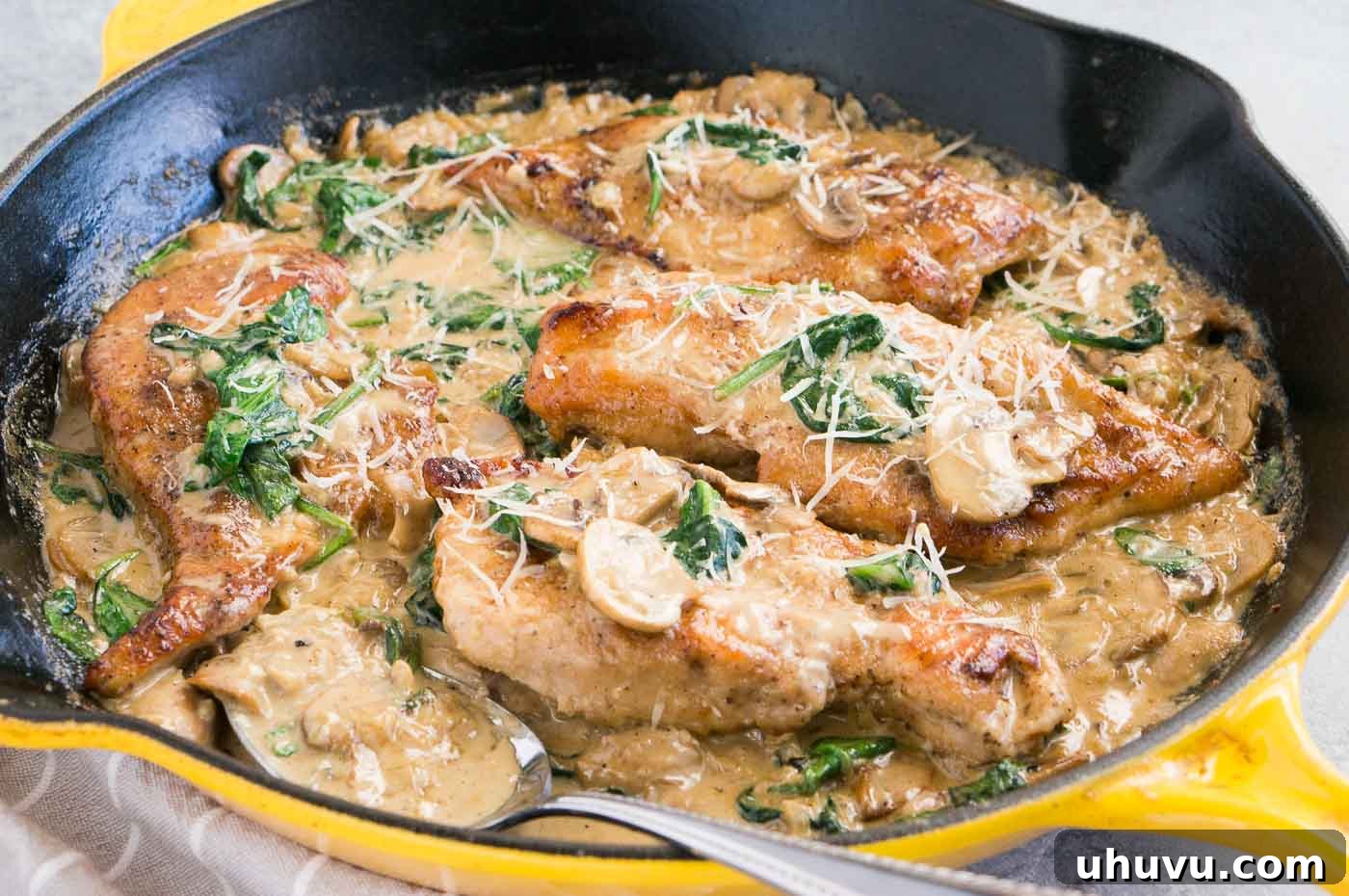 close up of chicken and mushrooms in a skillet