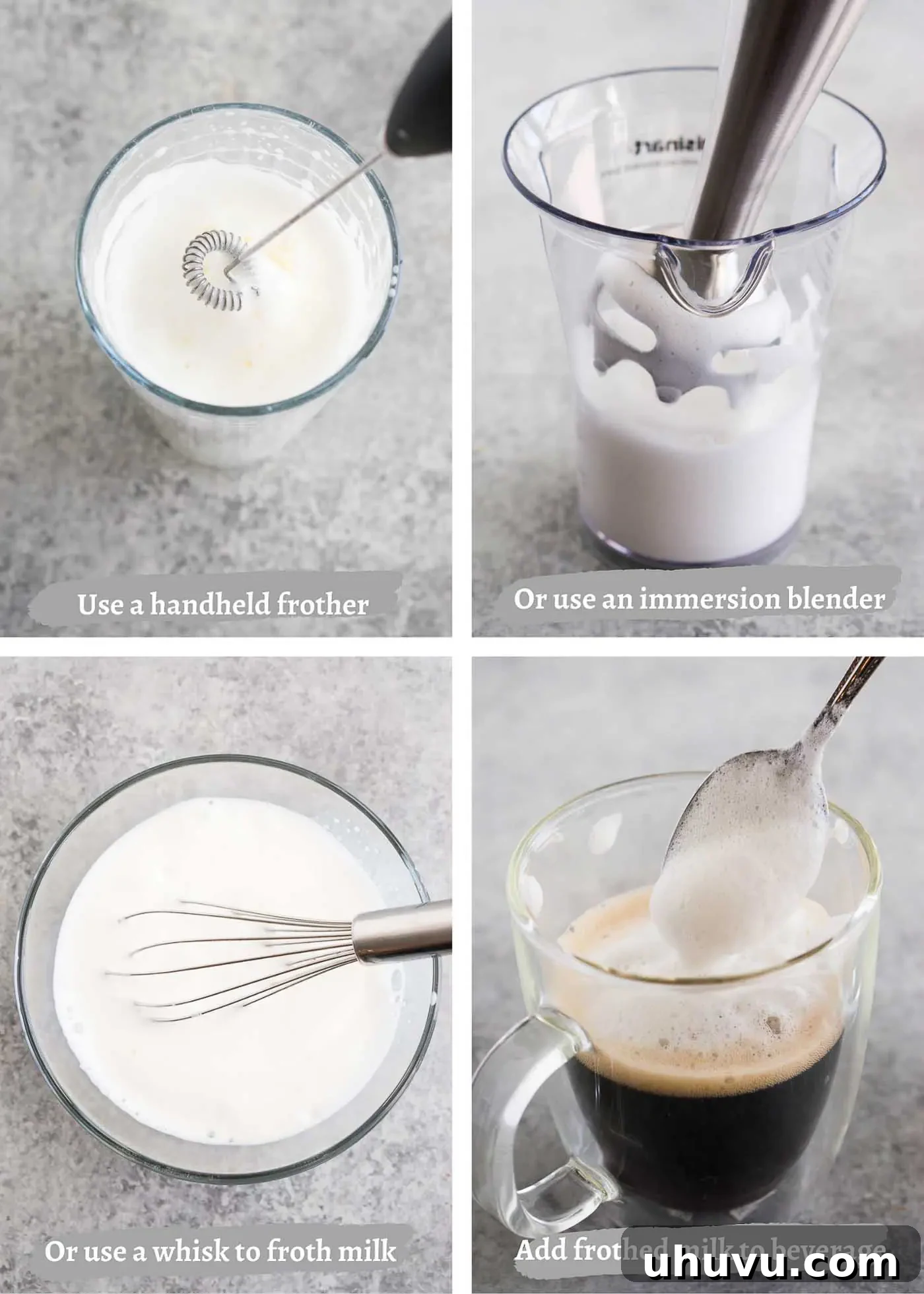 Different methods for making frothed milk, including handheld frother, immersion blender, and whisk