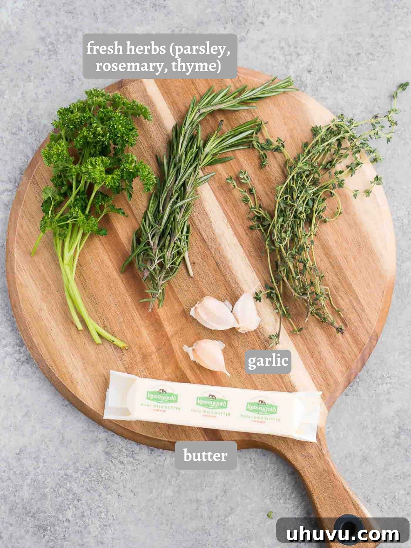 Gourmet Butter Blends 4 Ingredients for garlic herb butter laid out on a surface