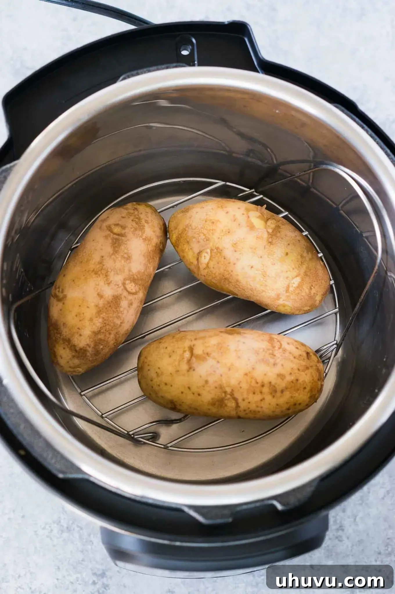 Russet potatoes arranged on a trivet inside an Instant Pot
