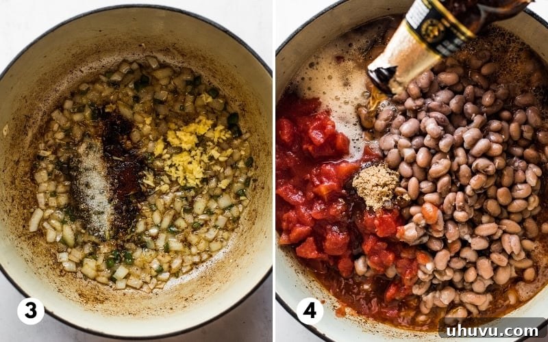 Beer-Braised Fiesta Beans 5 Pinto beans, diced tomatoes, beer, and spices simmering together in a pot, creating the rich broth for borracho beans.