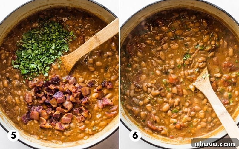 Beer-Braised Fiesta Beans 6 A pot of finished borracho beans, garnished with crispy bacon and vibrant chopped cilantro, showcasing its rich, comforting texture.