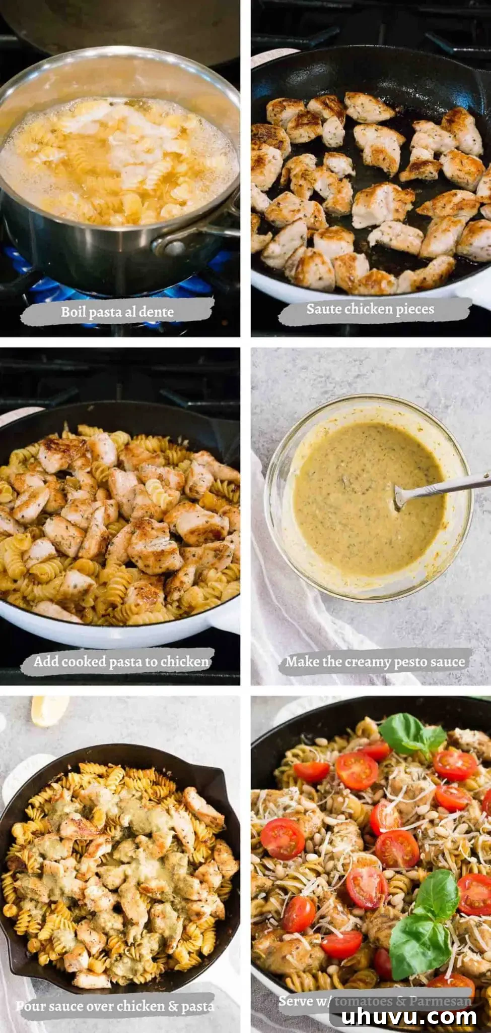 Step-by-step process images of making chicken pesto pasta