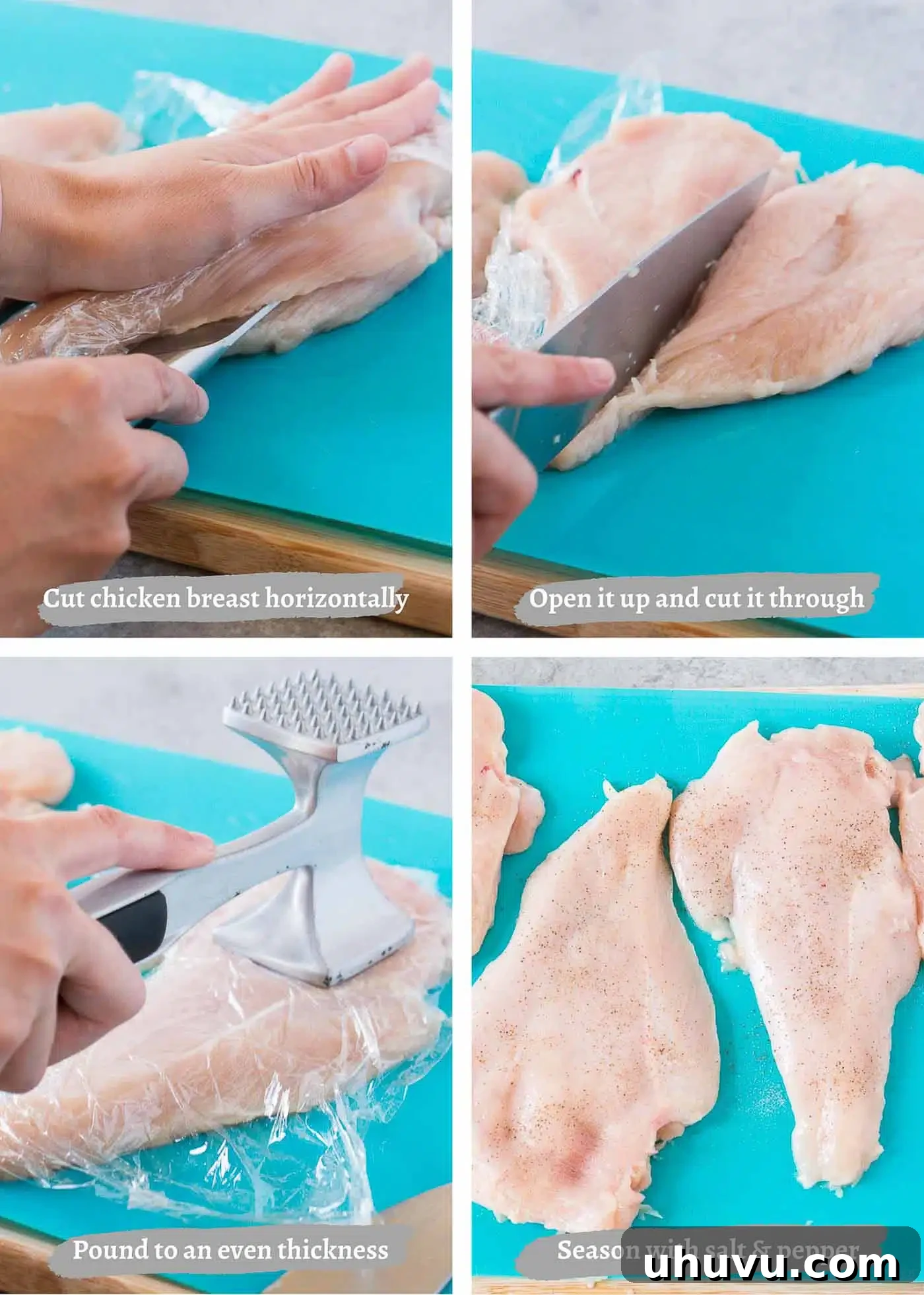 process images of cutting chicken breasts in half