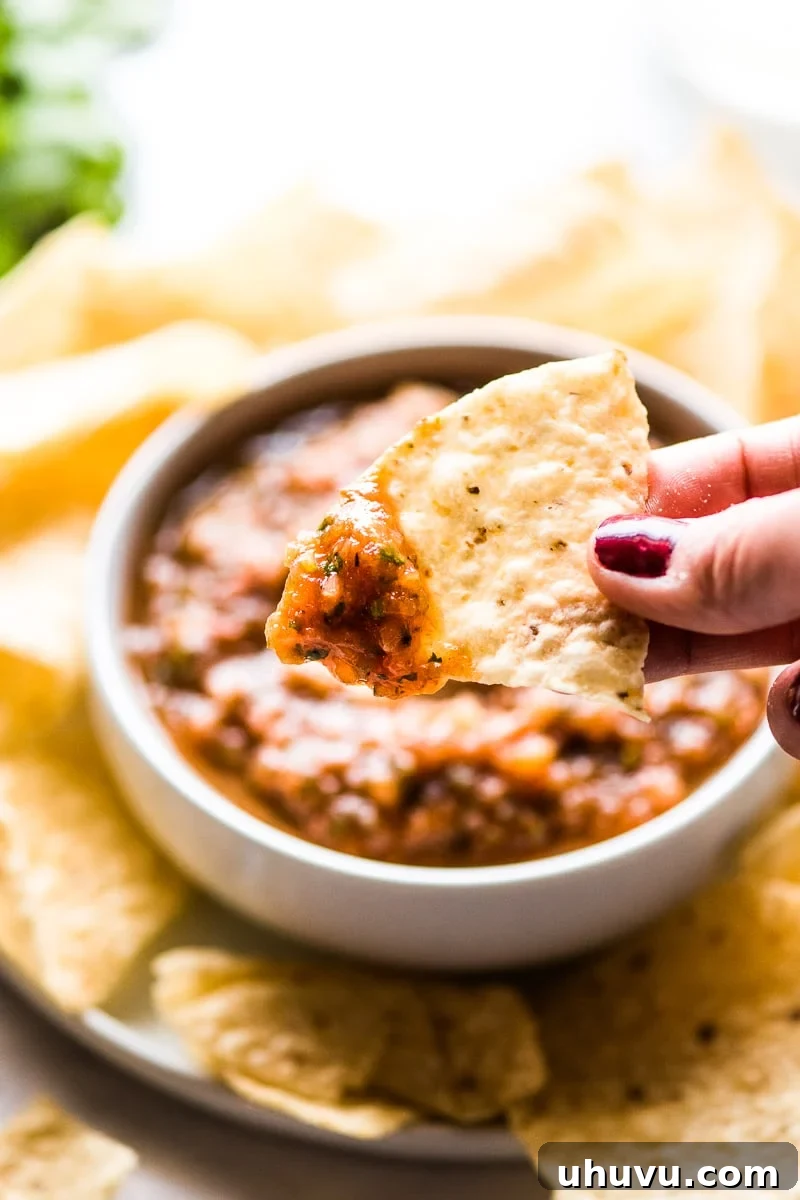 Fire-Roasted Tomato Salsa 6 A single crispy tortilla chip generously topped with a spoonful of homemade roasted tomato salsa, showcasing its irresistible texture and vibrant flavor.