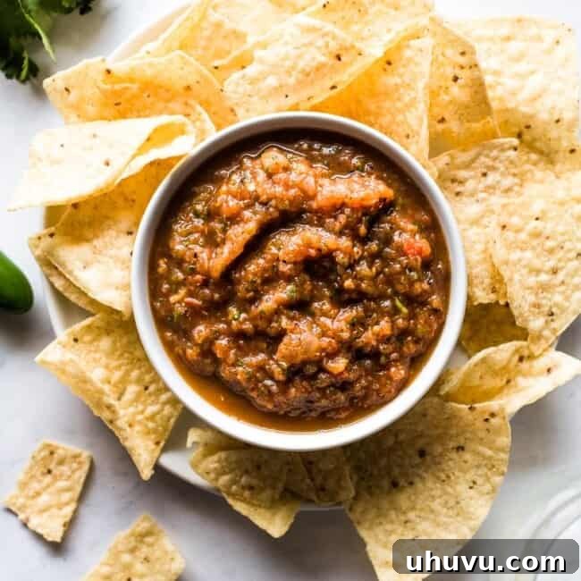 Roasted tomato salsa in a bowl surrounded by tortilla chips.